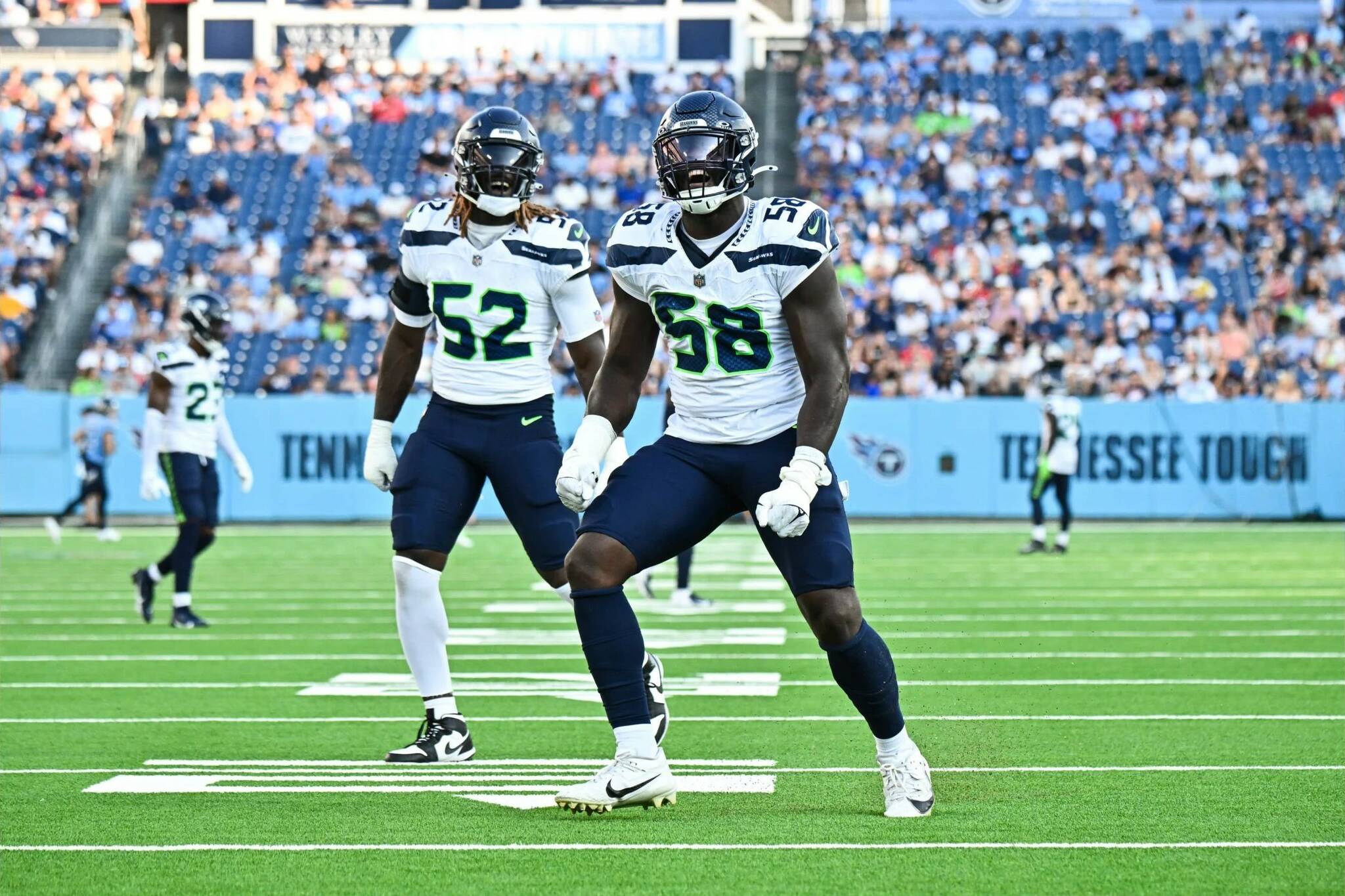 Seahawks linebacker Derick Hall (58) celebrates during a preseason game against the Tennessee Titans at Nissan Stadium in Nashville, Tenn. on Saturday, Aug. 17, 2024. (Photo courtesy of the Seattle Seahawks)