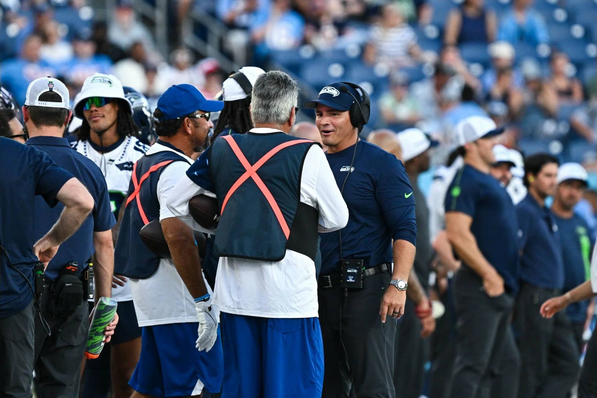 Seahawks head coach Mike Macdonald speaks with a game official during a preseason contest against the Tennessee Titans at Nissan Stadium in Nashville, Tenn. on Saturday, Aug. 17, 2020 (Photo courtesy of the Seattle Seahawks)