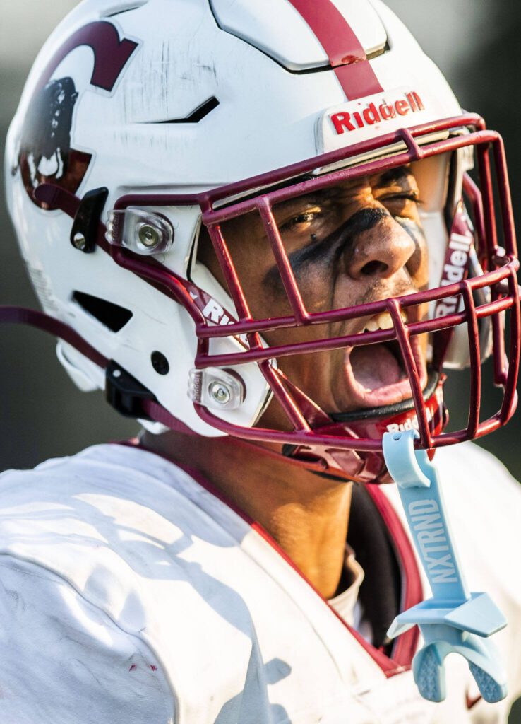 Cascade’s Marcell Alexander reacts to his touchdown during the game against Mountlake Terrace on Friday, Sept. 6, 2024 in Edmonds, Washington. (Olivia Vanni / The Herald)