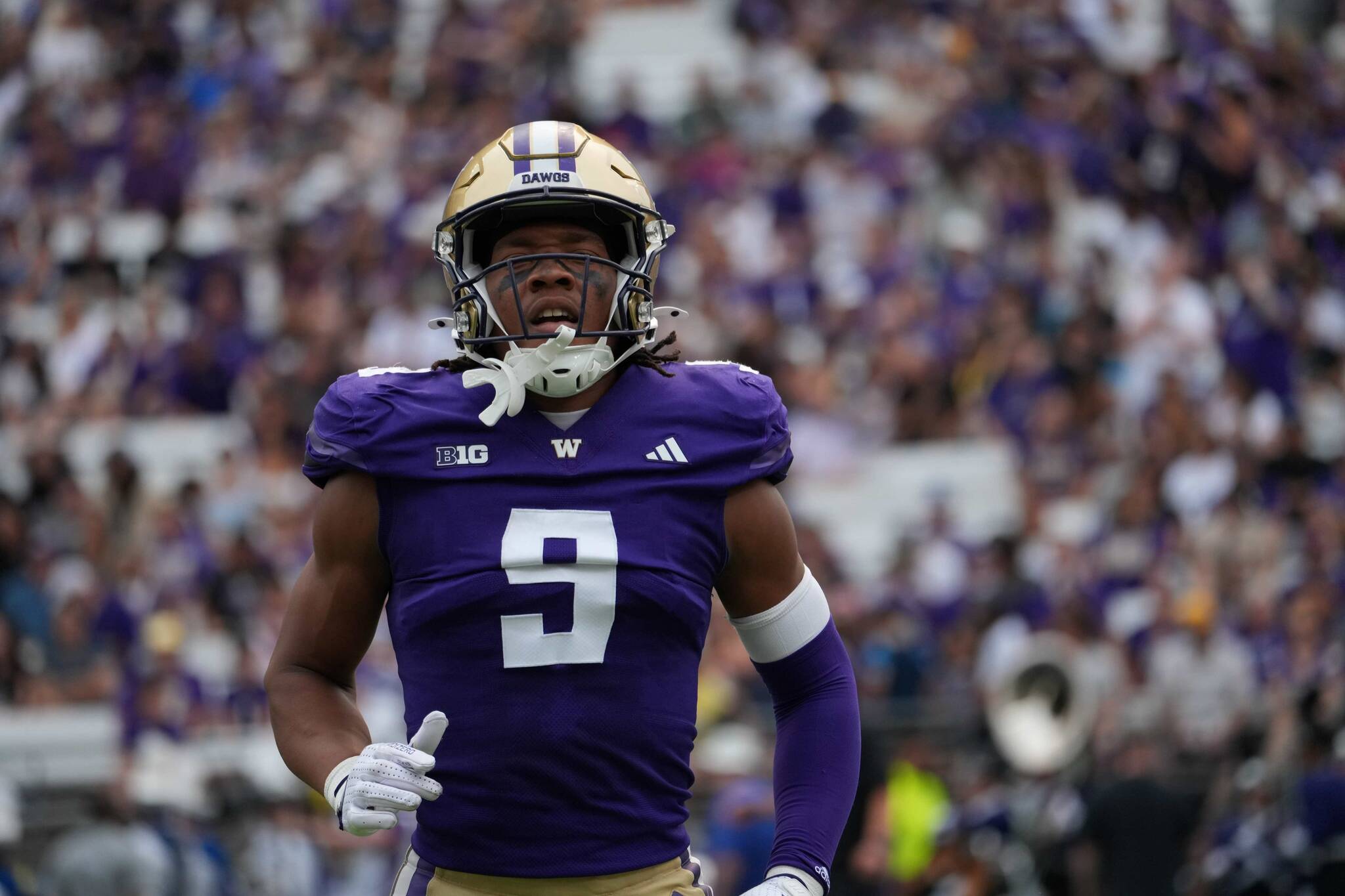 Washington Huskies cornerback Thaddeus Dixon reacts after a play against Eastern Michigan at Husky Stadium on Saturday, Sept. 7, 2024. (Photo courtesy of Josie Sandquist / Washington Athletics)