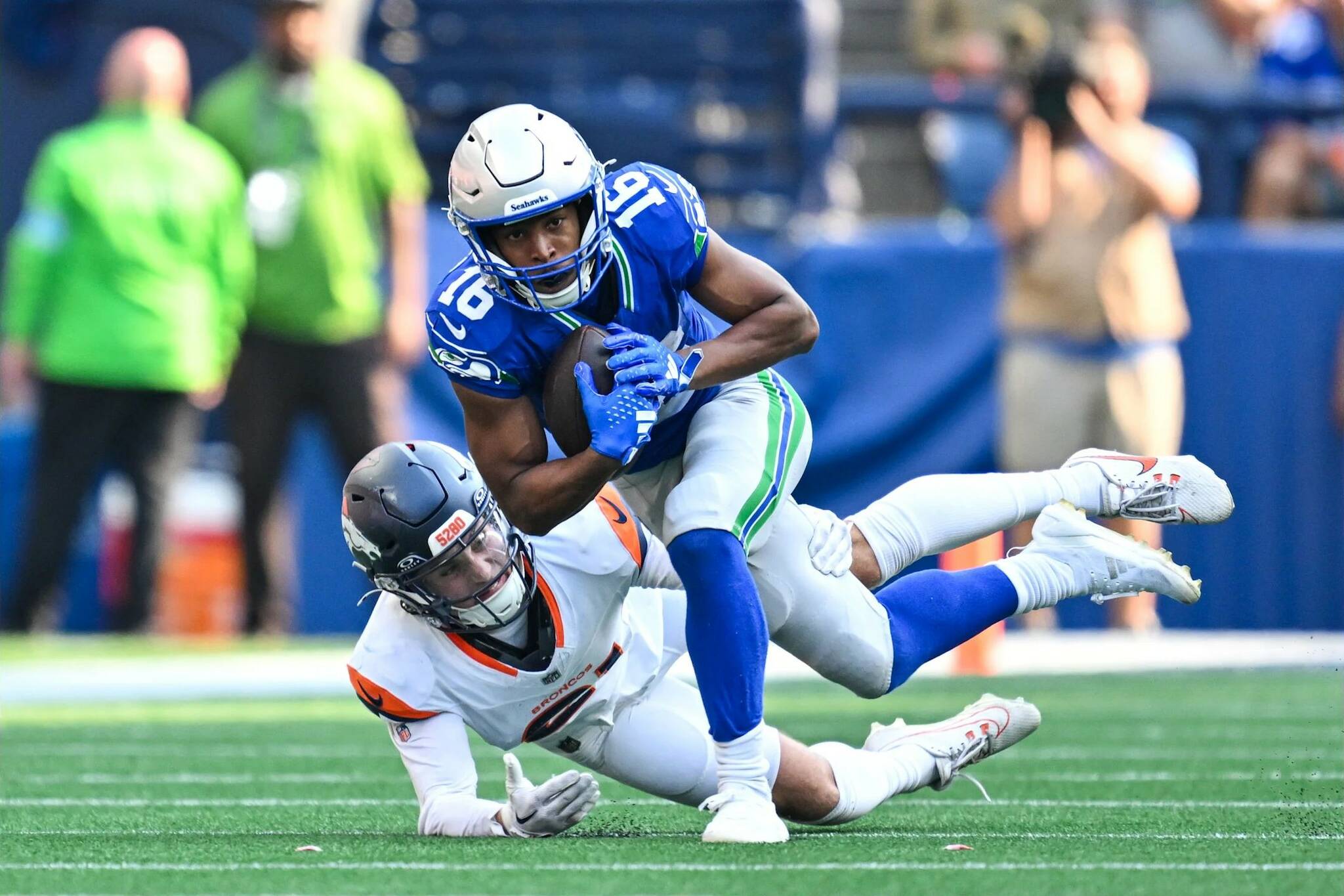 Tyler Lockett of the Seattle Seahawks catches a pass against the Denver Broncos at Lumen Field on Sept. 8, 2024. (Photo courtesy of the Seattle Seahawks)