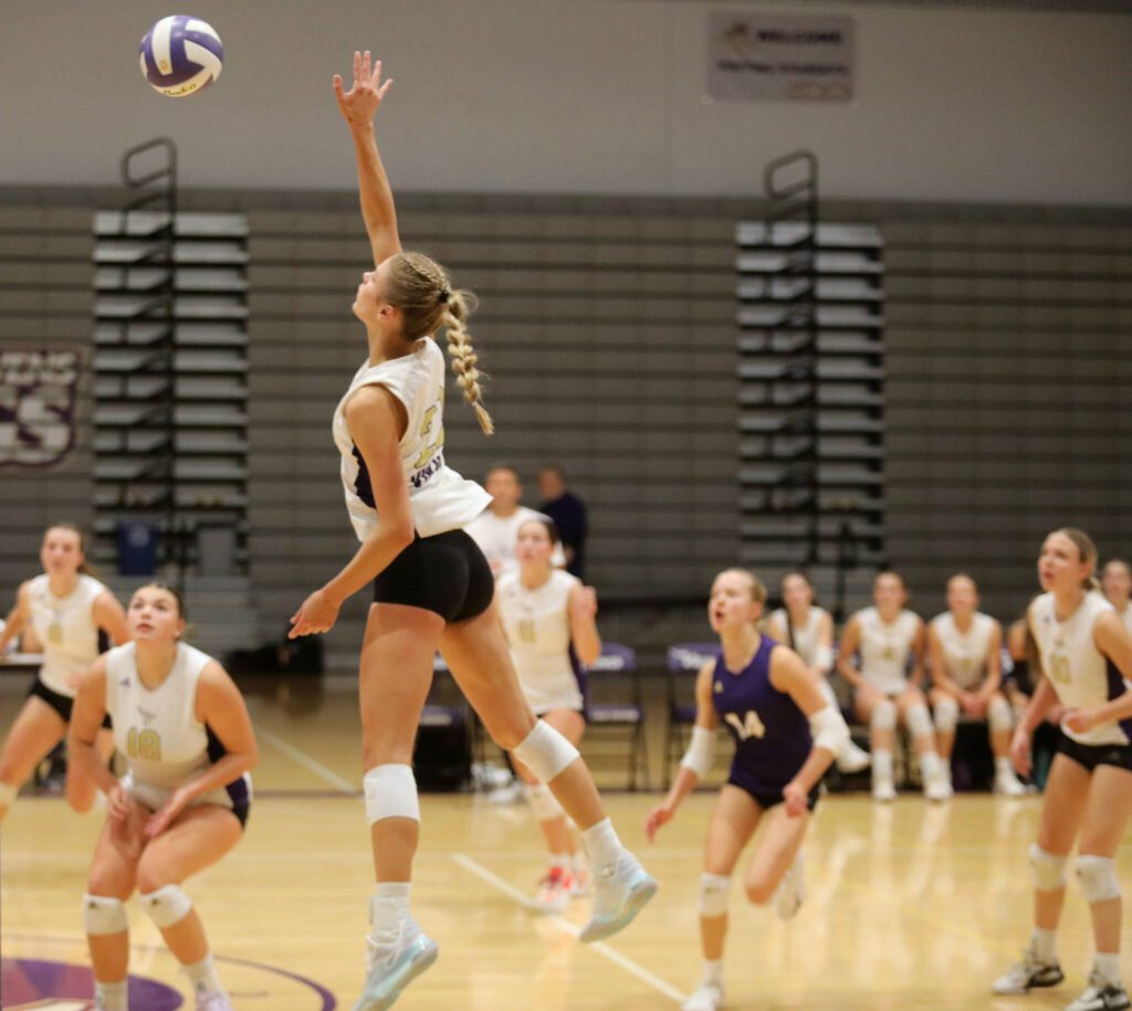 Lake Stevens junior outside hitter Laura Eichert hits the volleyball in the season opener against Curtis High School in Lake Stevens, Wash., on Sept. 11, 2024. Eichert tallied 18 kills, six digs and two aces. Curtis won all three sets: 25-19, 25-20 and 25-18. (Taras McCurdie / The Herald)
