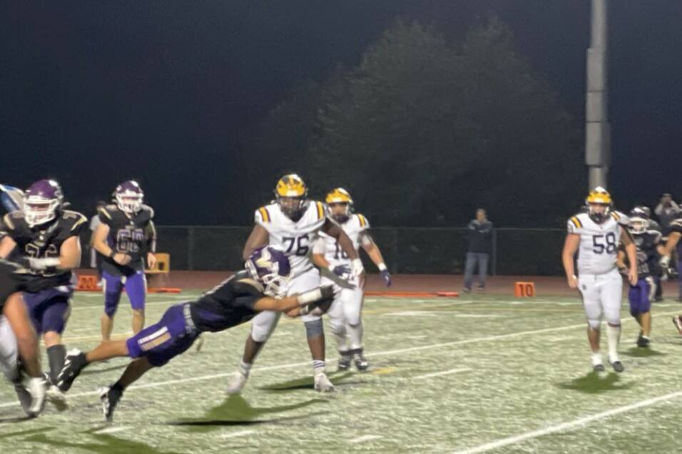 Lake Stevens receiver Seth Price dives across the goal line in the fourth quarter of the Vikings’ loss to Class 3A No. 1-ranked Bellevue on Sept. 13, 2024 at Lake Stevens H.S. (Aaron Coe / The Herald)