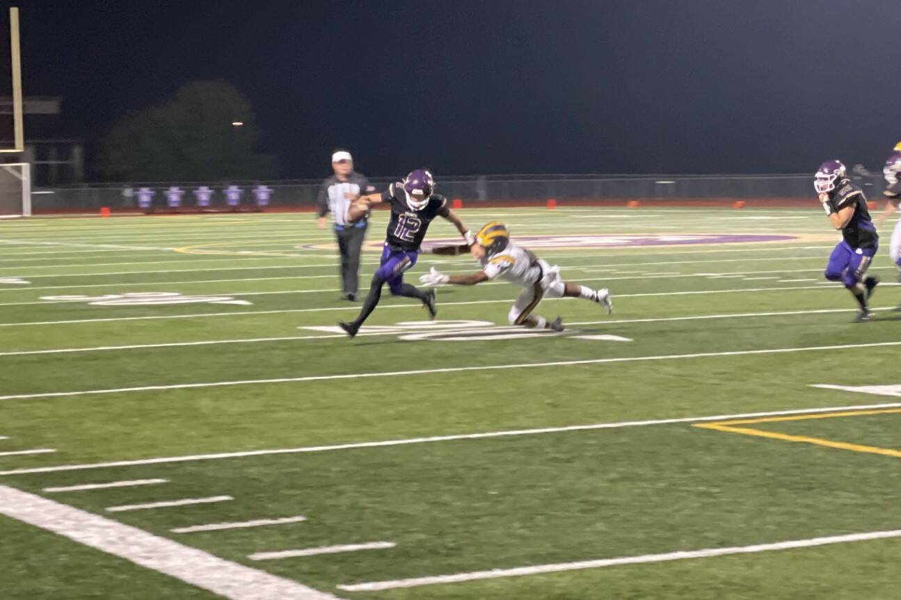 Lake Stevens quarterback Kolton Matson scrambles during the Vikings’ loss to Class 3A No. 1-ranked Bellevue on Sept. 13, 2024 at Lake Stevens H.S. (Aaron Coe / The Herald)