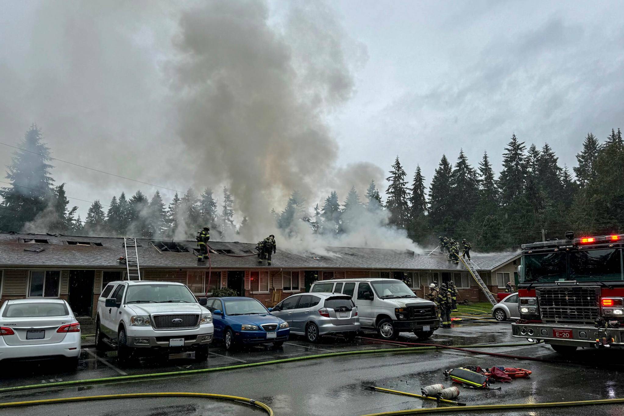 Two people were injured and 11 residents were displaced in a fire at an Edmonds apartment complex Saturday. (South County Fire)
