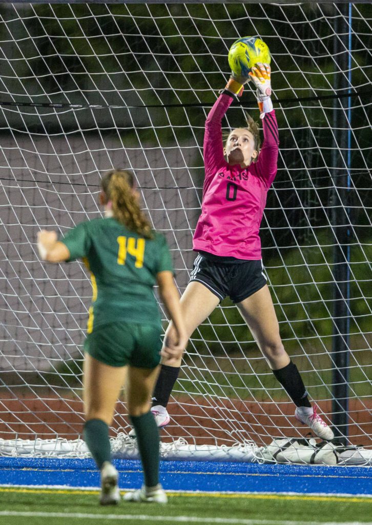 Archbishop Murphy’s Elle Kahn stops a shot on goal during the game against Shorecrest on Tuesday, Sept. 17, 2024 in Shoreline, Washington. (Olivia Vanni / The Herald)
