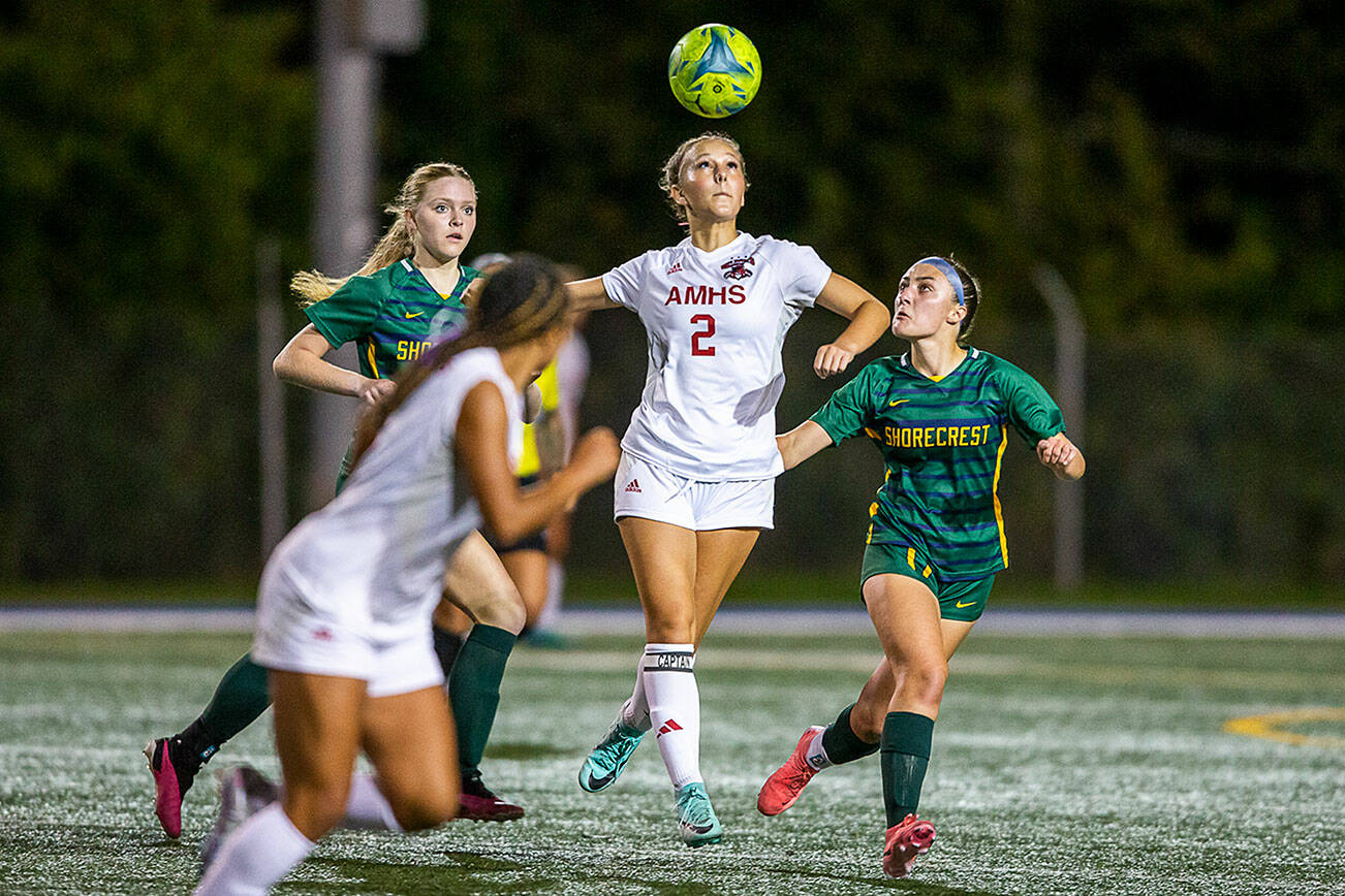 Archbishop Murphy's Chloe McCoy leaps in the air to head the ball during the game against Shorecrest on Tuesday, Sept. 17, 2024 in Shoreline, Washington. (Olivia Vanni / The Herald)