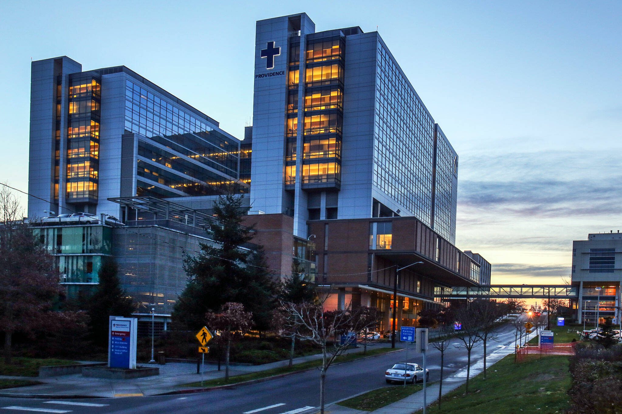 Providence Regional Medical Center Everett at sunset. (Kevin Clark / The Herald)