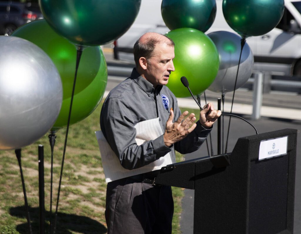 Executive Director of the State Transportation Improvement Board Ashley Probart speaks at the ribbon cutting for State Avenue corridor improvements on Tuesday, Sept. 24, 2024 in Marysville, Washington. (Olivia Vanni / The Herald)
