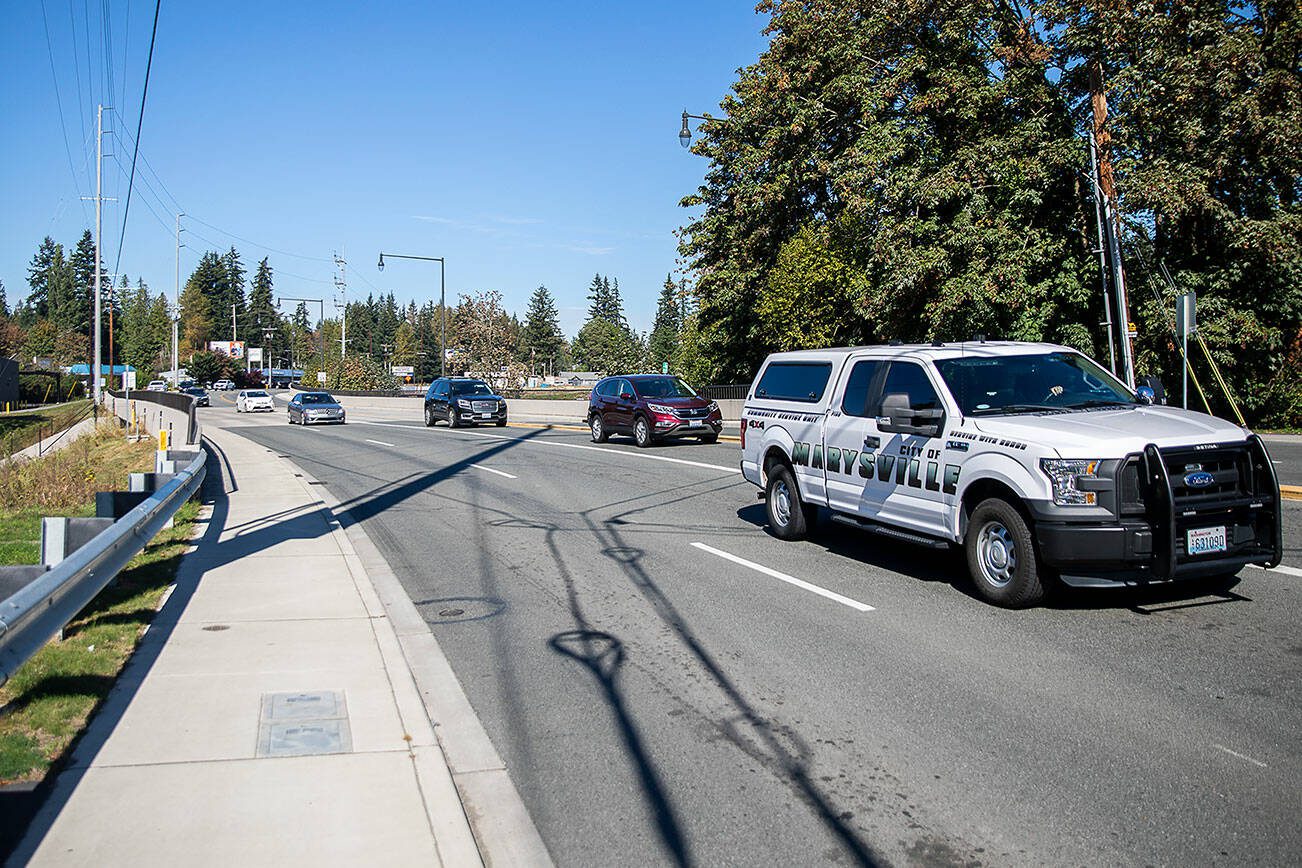 Cars drive along State Avenue on Tuesday, Sept. 24, 2024 in Marysville, Washington. (Olivia Vanni / The Herald)