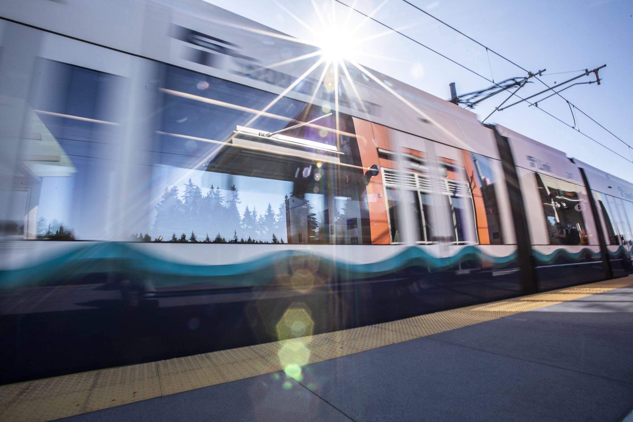 A Link light rail train pulls into the Mountlake Terrace station on Wednesday, Aug. 28, 2024 in Mountlake Terrace, Washington. (Olivia Vanni / The Herald)