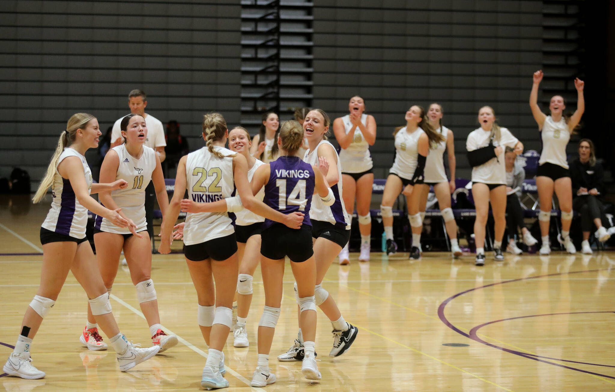 Lake Stevens volleyball players celebrate after scoring a point in their season opener against Curtis High School in Lake Stevens, Wash., on Sept. 11, 2024. Curtis won all three sets: 25-19, 25-20 and 25-18. (Taras McCurdie / The Herald)