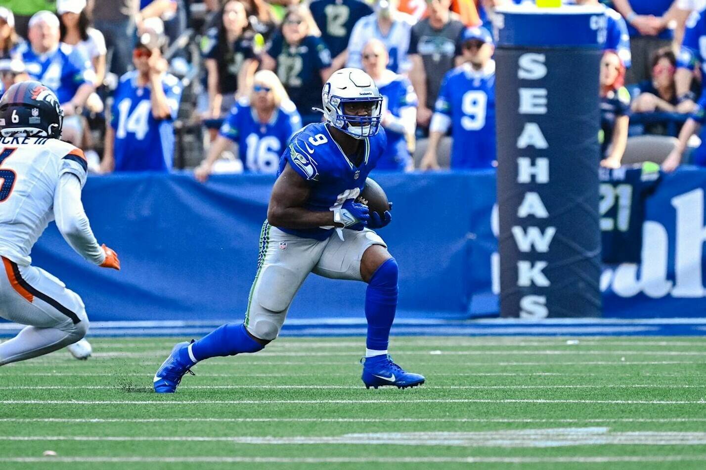 Seattle Seahawks running back Kenneth Walker III carries the ball against the Denver Broncos at Lumen Field on Sept. 8, 2024. (Photo courtesy of the Seattle Seahawks)