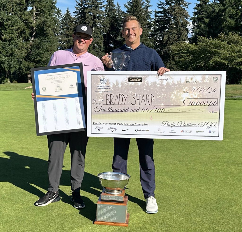 Everett Golf & Country Club head golf professional Matt Epstein (left) poses with Brady Sharp, the winner of the 2024 PNW PGA Professional Championship. Epstein finished tied for 33rd with a 2-over-218. (Photo courtesy of Molly Cooper, Pacific NW Section PGA senior director, tournament and member services)
