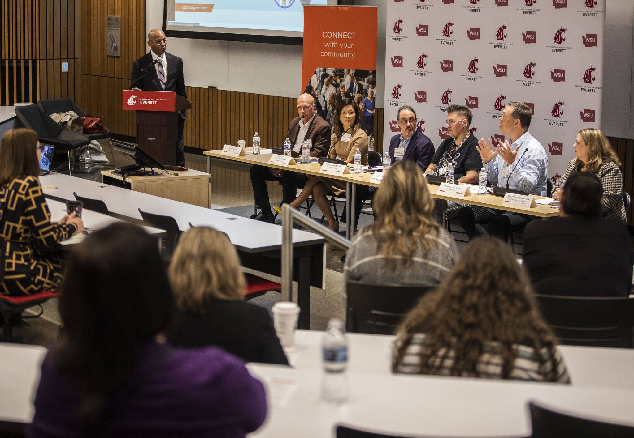 The Healthcare Summit panel talks in the WSU Everett auditorium on Tuesday, Sept. 24, 2024 in Everett, Washington. (Olivia Vanni / The Herald)