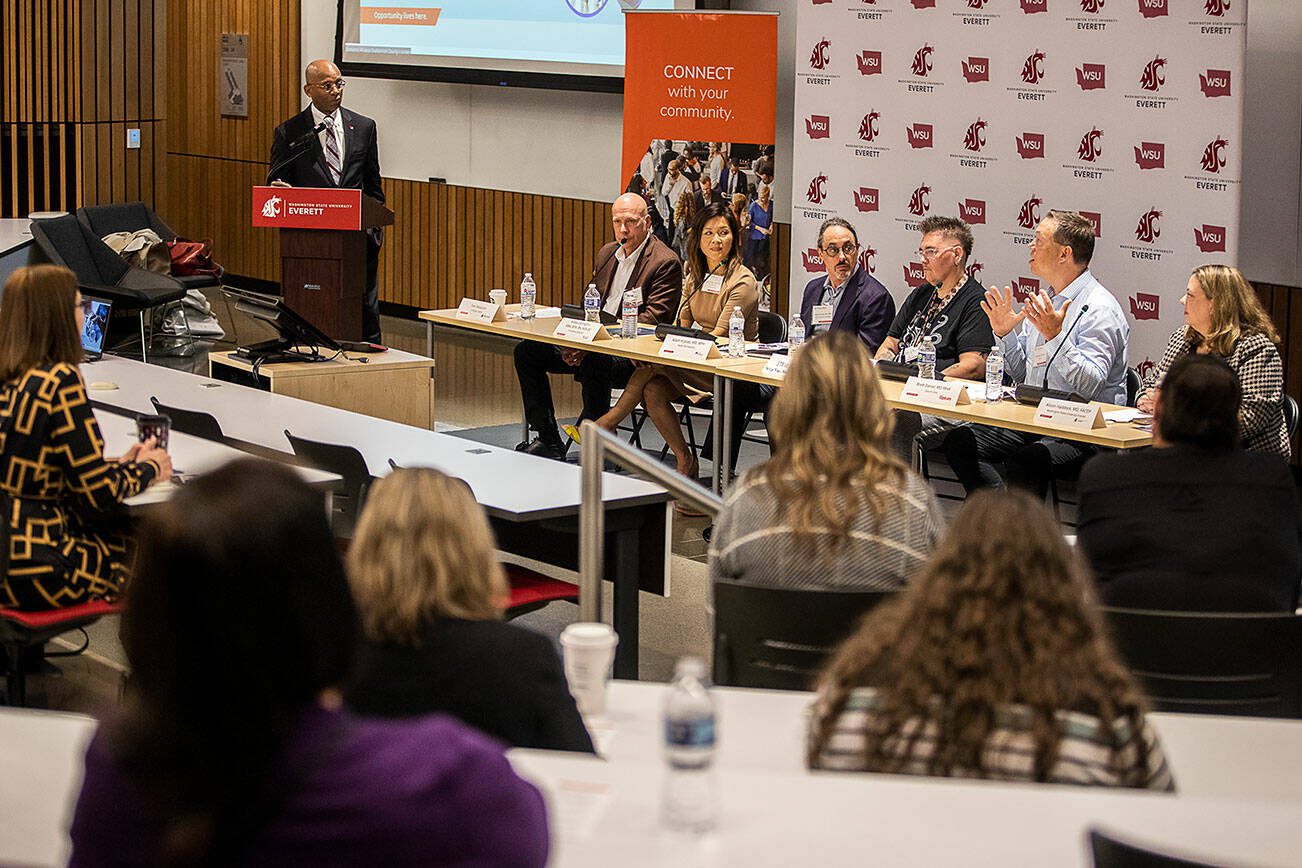 The Healthcare Summit panel talks in the WSU Everett auditorium on Tuesday, Sept. 24, 2024 in Everett, Washington. (Olivia Vanni / The Herald)