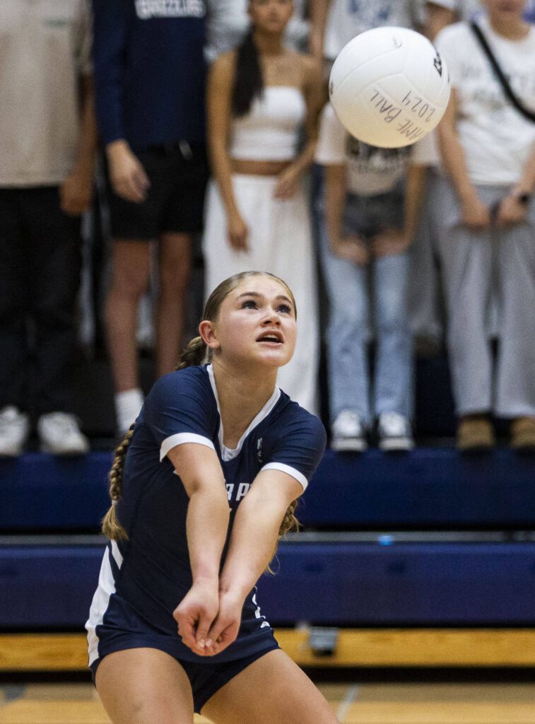 Glacier Peak’s Tessa Mossburg passes the ball during the game against Jackson on Wednesday, Sept. 25, 2024 in Snohomish, Washington. (Olivia Vanni / The Herald)
