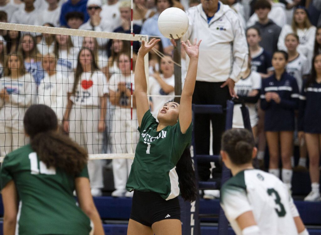 Jackson’s Riley Sevilla sets the ball during the game against Glacier Peak on Wednesday, Sept. 25, 2024 in Snohomish, Washington. (Olivia Vanni / The Herald)
