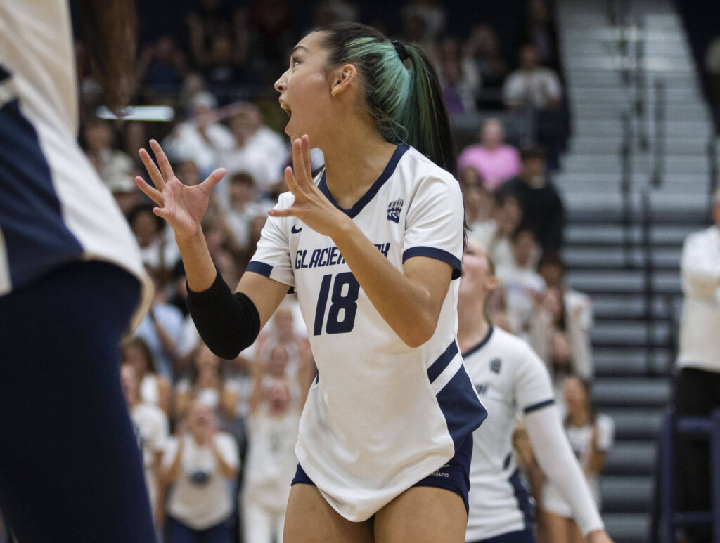 Glacier Peak’s Lucy Cornelius reacts to a point during the game against Glacier Peak on Wednesday, Sept. 25, 2024 in Snohomish, Washington. (Olivia Vanni / The Herald)
