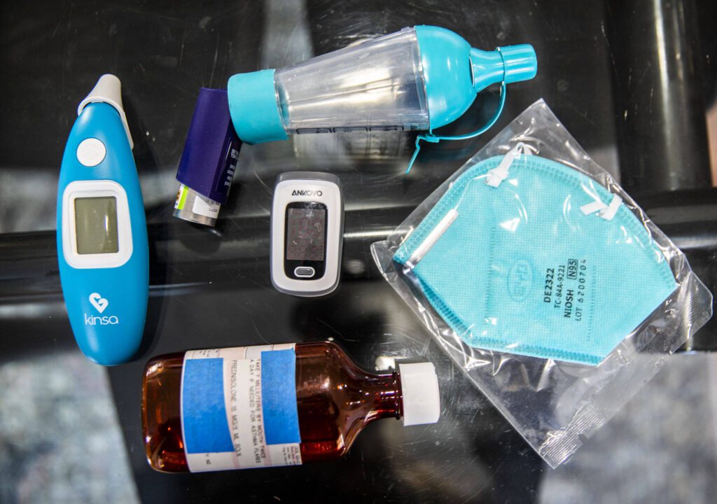 A handful of medications and other medical items the Knapp family uses to manage Vincent’s asthma on Tuesday, Sept. 24, 2024 in Arlington, Washington. (Olivia Vanni / The Herald)
