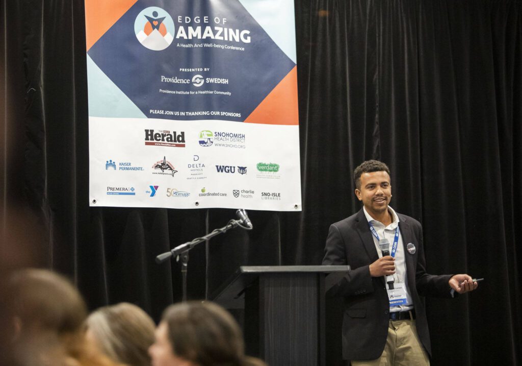 Michael Larson speaks at the Edge of Amazing event on Tuesday, Oct. 1, 2024 in Everett, Washington. (Olivia Vanni / The Herald)
