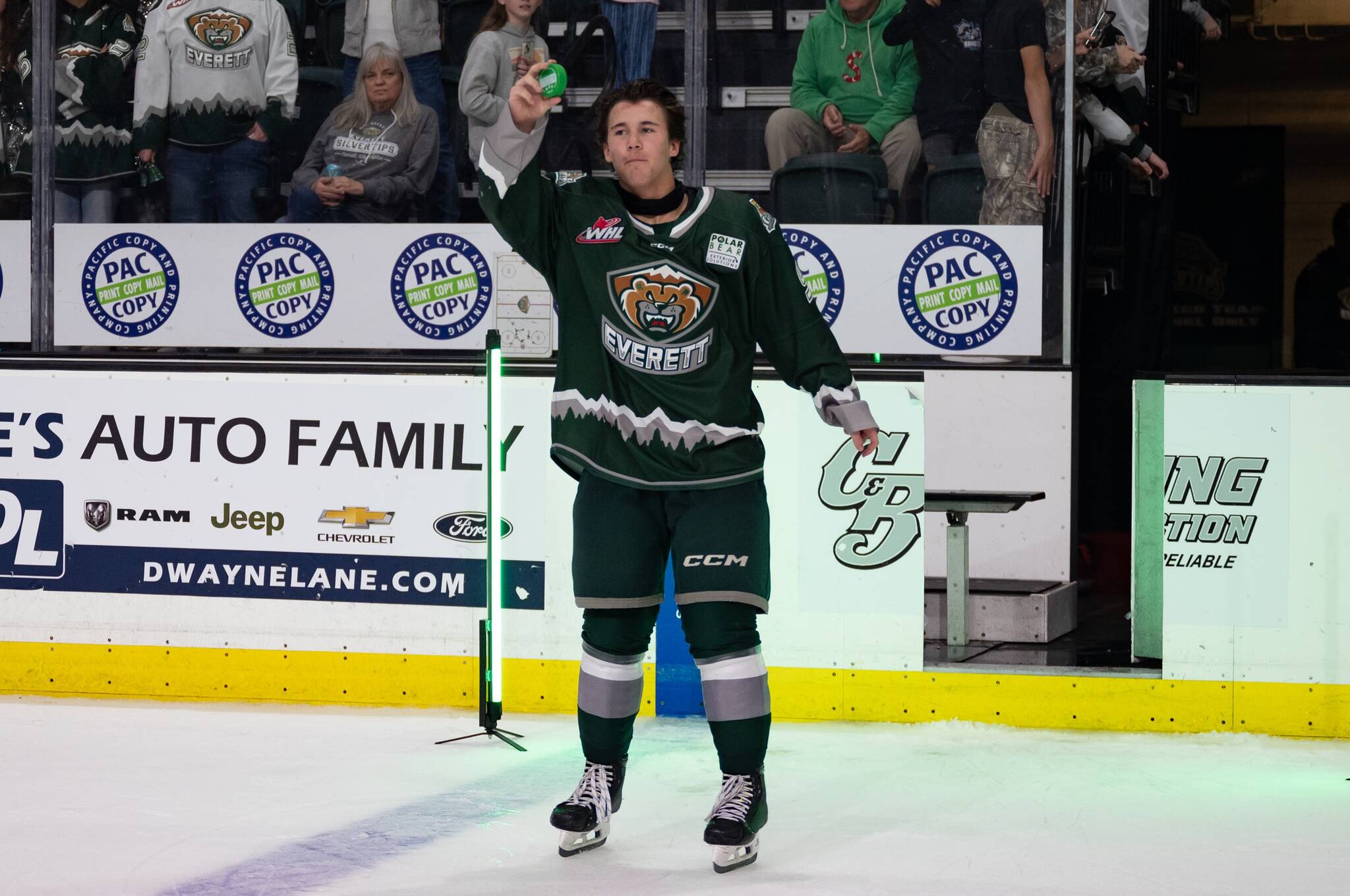 Everett Silvertips defenseman Landon DuPont, 15, on the rink inside Angel of the Winds Arena. The Western Hockey League selected DuPont as the WHL Rookie of the Week for the week ending Sept. 29. DuPont tallied four assists through Everett’s first three games of the 2024-25 season. (Photo courtesy of Everett Silvertips)