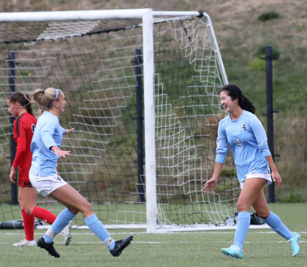 Western Washington University’s Morgan Manalili, a Shorewood High School graduate, celebrates after scoring a goal against Saint Martin’s University at Harrington Field in Bellingham, Wash., on Oct. 29, 2022. (Taras McCurdie / The Herald)
