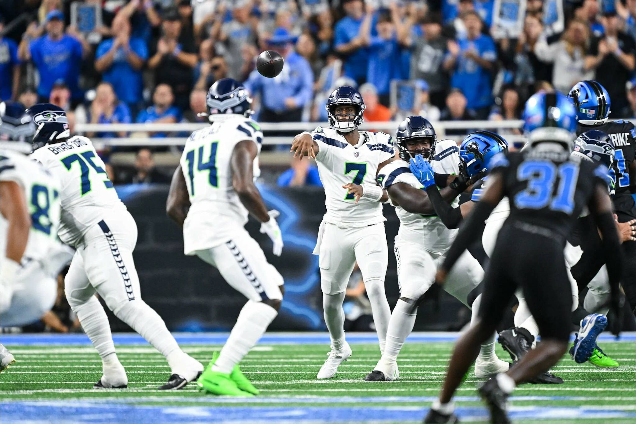 Seahawks quarterback Geno Smith throws a pass against the Detroit Lions at Ford Field on Monday, Sept. 30, 2024 (Photo courtesy of Edwin Hooper / Seattle Seahawks)