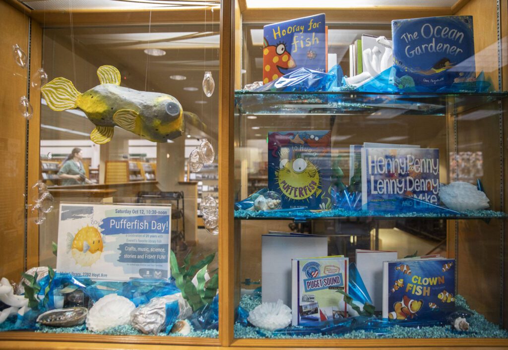 A Pufferfish Day display at the Everett Library on Tuesday in Everett. (Olivia Vanni / The Herald)
