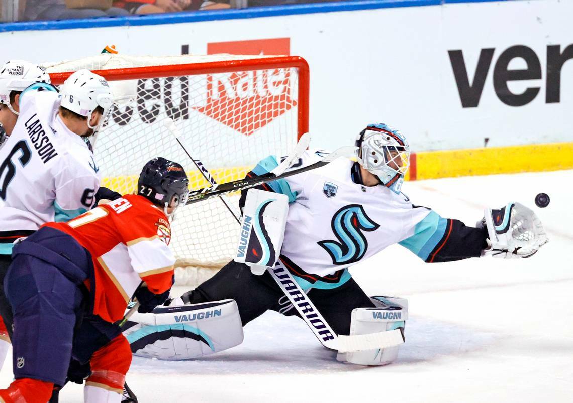 Seattle Kraken goaltender Chris Driedger (60) stop a shot against the Florida Panthers during the first period of an NHL game at the FLA Live Arena on Saturday, November 27, 2021 in Sunrise, Fl. (David Santiago / Tribune News Service)