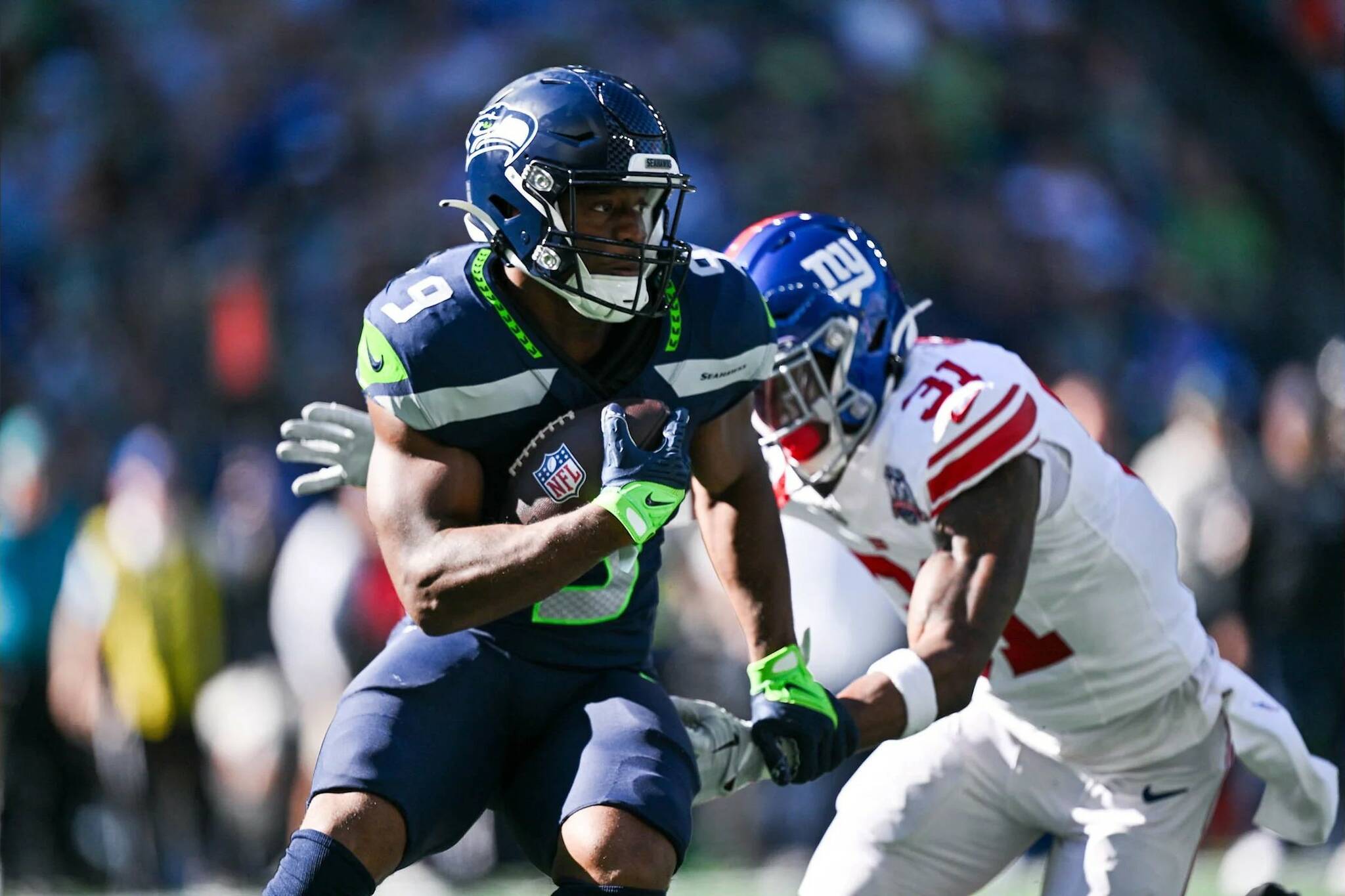 Seahawks running back Kenneth Walker III (9) runs the ball against the New York Giants at Lumen Field on Sunday, Oct. 6, 2024. (Photo courtesy of the Seattle Seahawks)