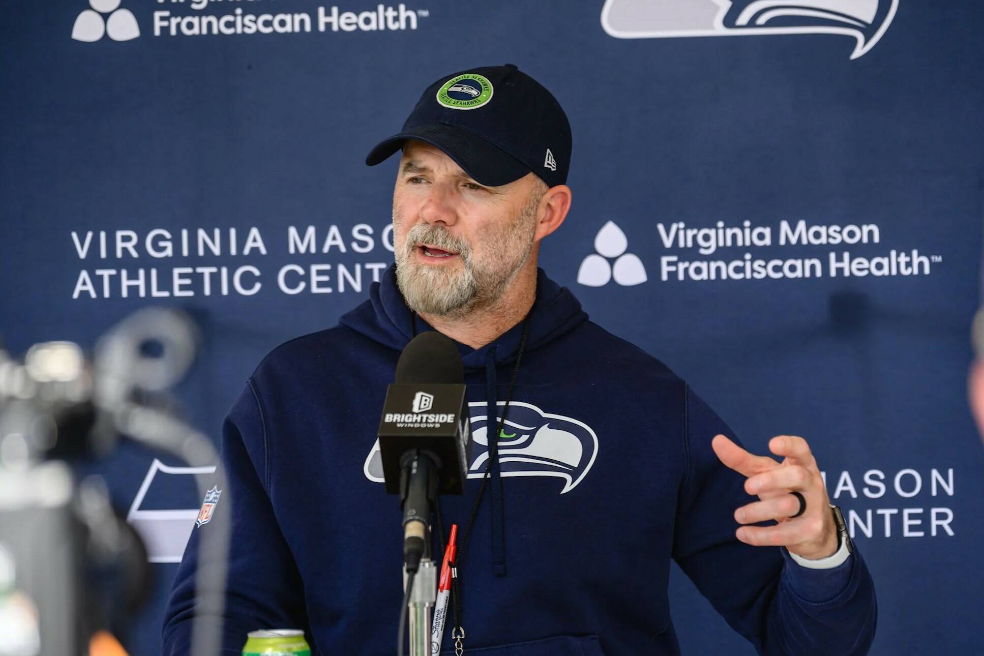 Photo courtesy of Edwin Hooper / Seattle Seahawks
Seattle Seahawks offensive coordinator Ryan Grubb speaks with the media at the Virginia Mason Athletic Center on Tuesday.