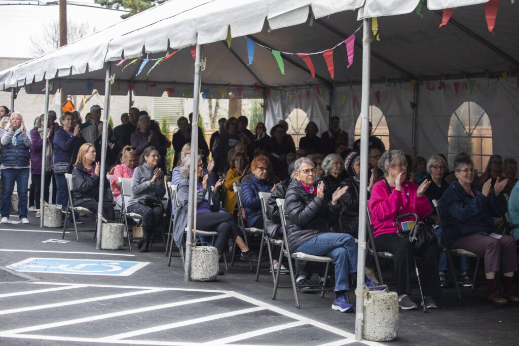 Hundreds gather for the Madrona Highlands welcoming ceremony on Tuesday, Oct. 15, 2024 in Edmonds, Washington. (Olivia Vanni / The Herald)
