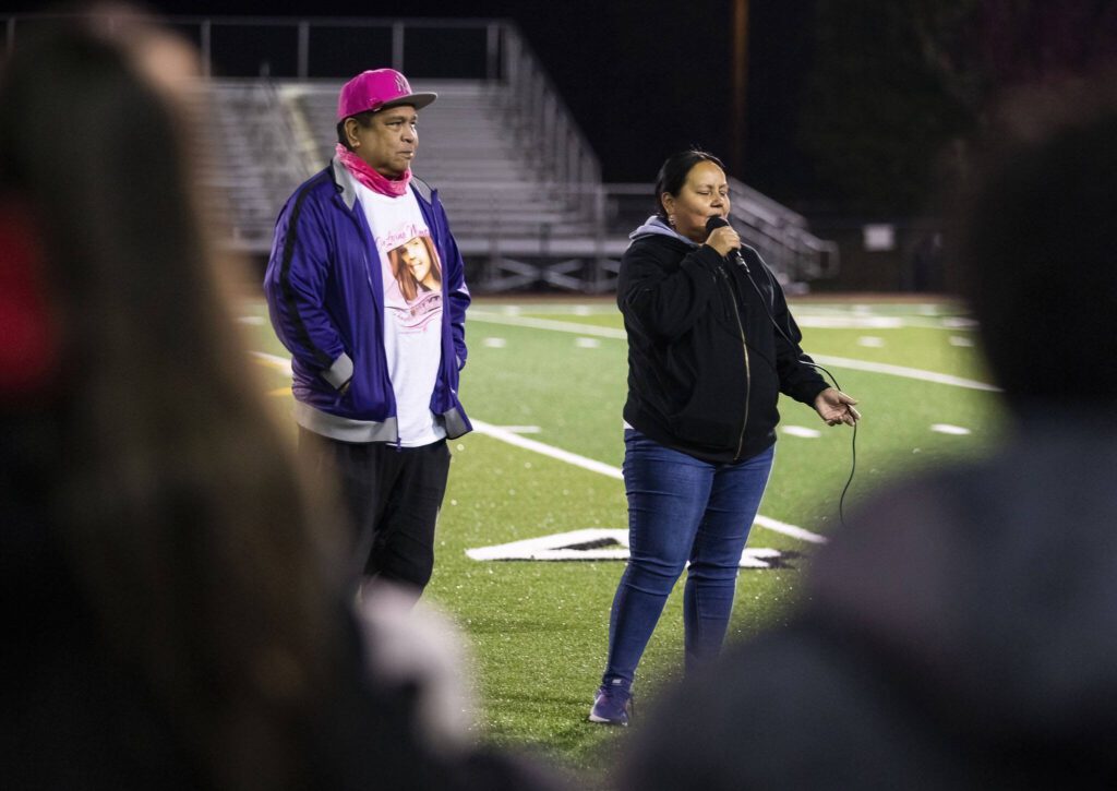 Lakota Phillips speaks about her niece Shaylee Chuckulnaskit during a memorial walk on the 10 year anniversary how the shooting at Marysville Pilchuck High School on Thursday, Oct. 24, 2024 in Marysville, Washington. (Olivia Vanni / The Herald)
