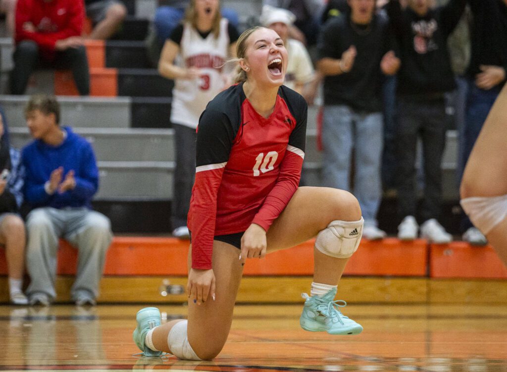 Snohomish’s Qwynn Miller reacts to a point during the game against Monroe on Wednesday, Oct. 16, 2024 in Monroe, Washington. (Olivia Vanni / The Herald)
