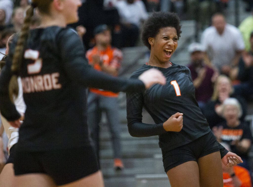 Monroe’s Shannara Peebles reacts to a point during the game against Snohomish on Wednesday, Oct. 16, 2024 in Monroe, Washington. (Olivia Vanni / The Herald)
