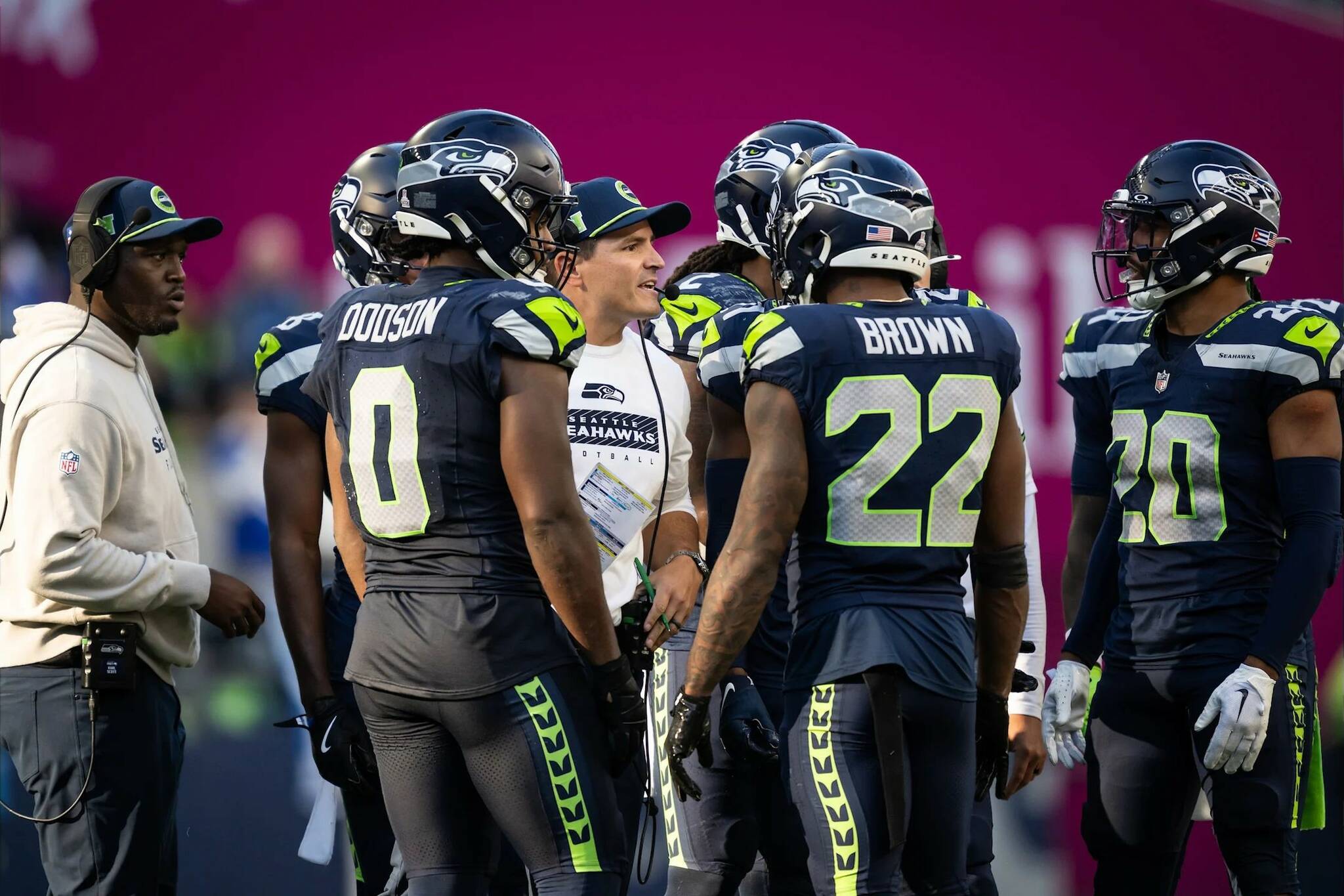Seahawks head coach Mike Macdonald instructs defensive players during the final minutes of a game against the New York Giants at Lumen Field on Oct. 6, 2024. (Photo courtesy of Rod Mar / Seattle Seahawks)