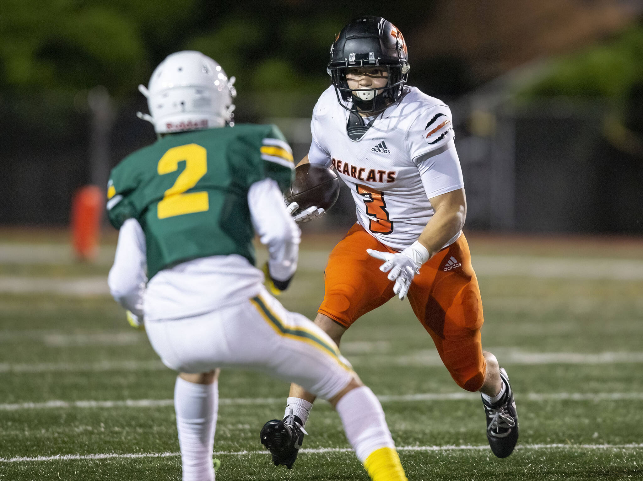 Monroe’s Aaron Clifton runs the ball during the game against Shorecrest on Friday, Oct. 18, 2024 in Shoreline, Washington. (Olivia Vanni / The Herald)