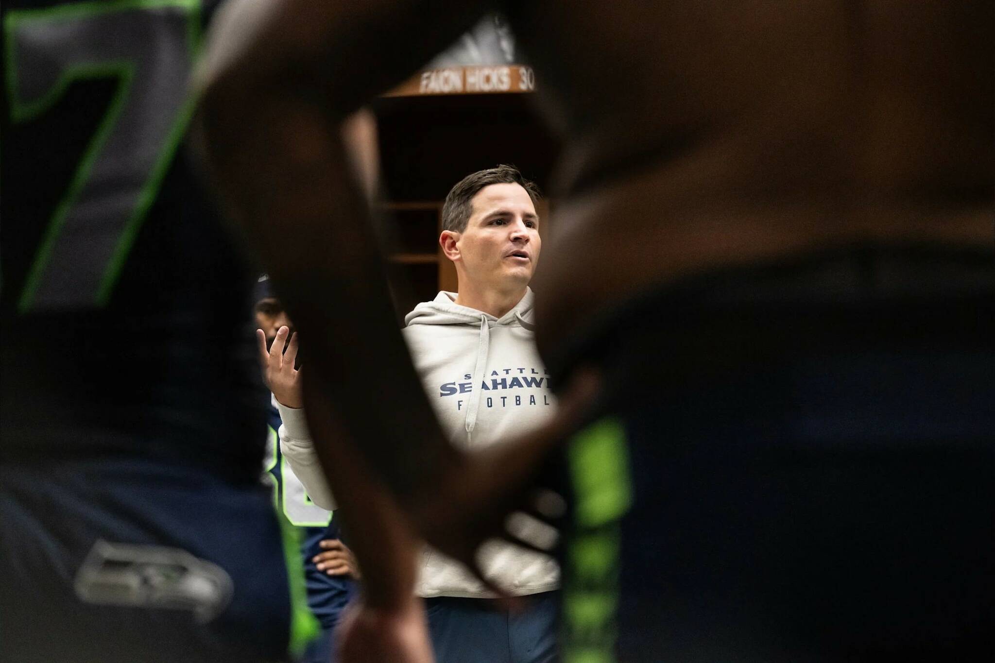 Seahawks coach Mike Macdonald addresses his team in the locker room after Seattle's loss to Buffalo at Lumen Field on Sunday, Oct. 27, 2024 (Photo courtesy of Rod Mar / Seattle Seahawks)