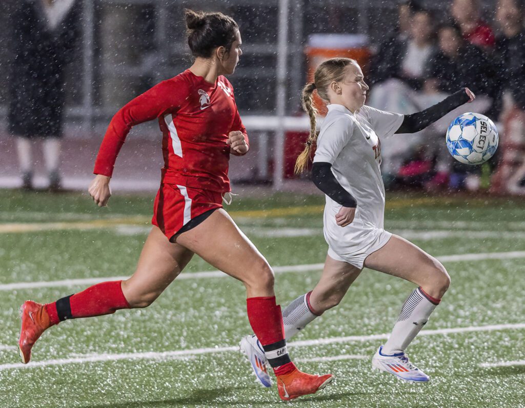 Mountlake Terrace’s Bella Fedyurina runs after the ball during the 3A district game against Stanwood on Thursday, Oct. 31, 2024 in Stanwood, Washington. (Olivia Vanni / The Herald)

