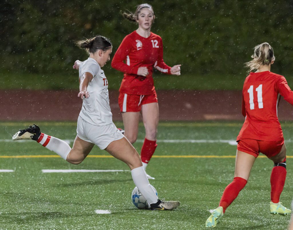 Mountlake Terrace’s Claire August takes a shot during the 3A district game against Stanwood on Thursday, Oct. 31, 2024 in Stanwood, Washington. (Olivia Vanni / The Herald)
