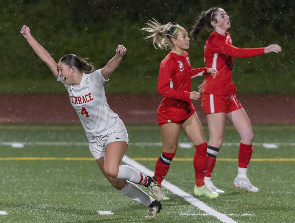 Mountlake Terrace’s Claire August reacts to scoring a goal during the 3A district game against Stanwood on Thursday, Oct. 31, 2024 in Stanwood, Washington. (Olivia Vanni / The Herald)
