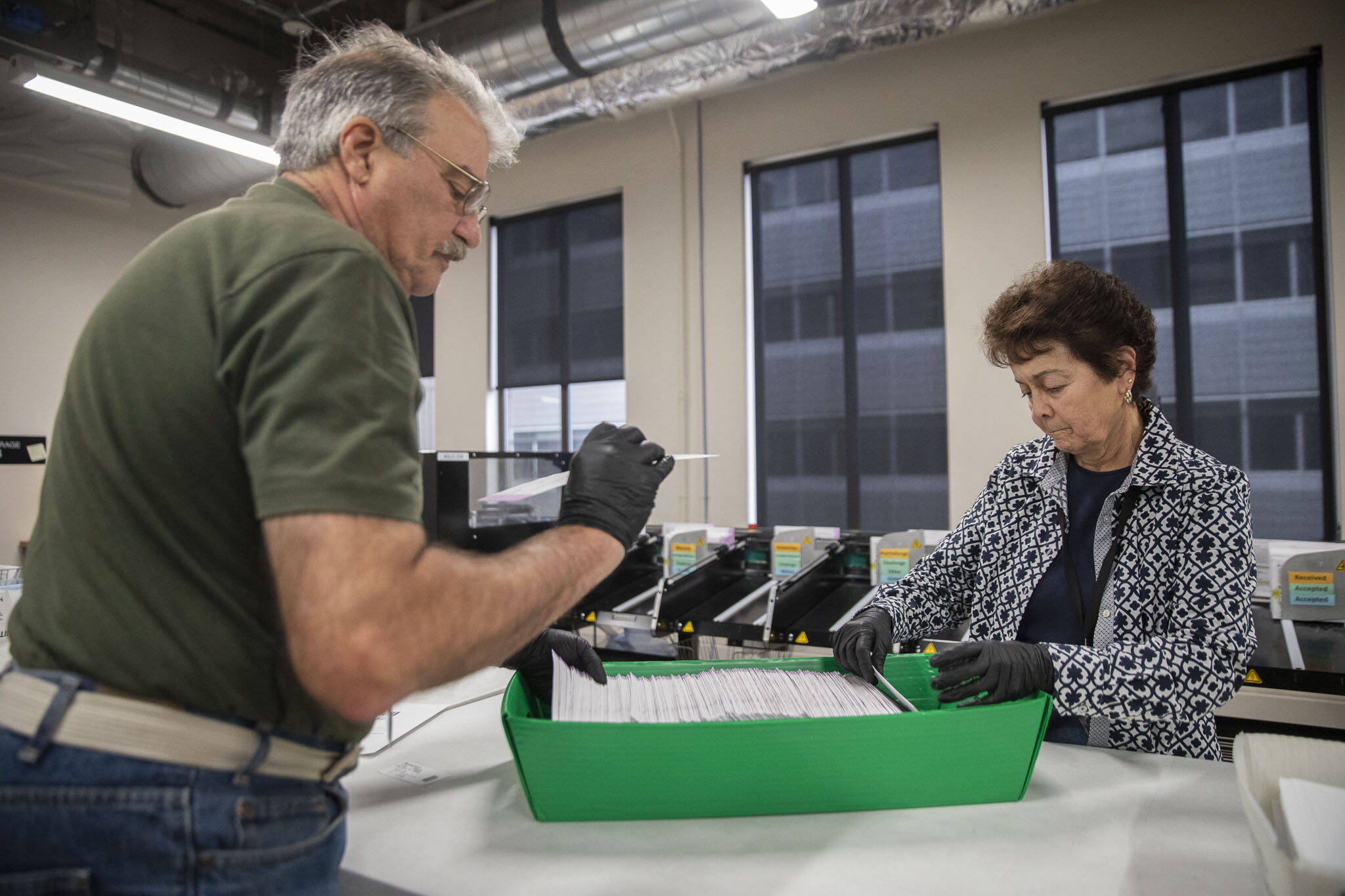 Snohomish County Elections employees Frank Monkman, left, and Tina Ruybal, right, place sorted ballots in a green container on Tuesday, Oct. 29, 2024 in Everett , Washington. (Olivia Vanni / The Herald)