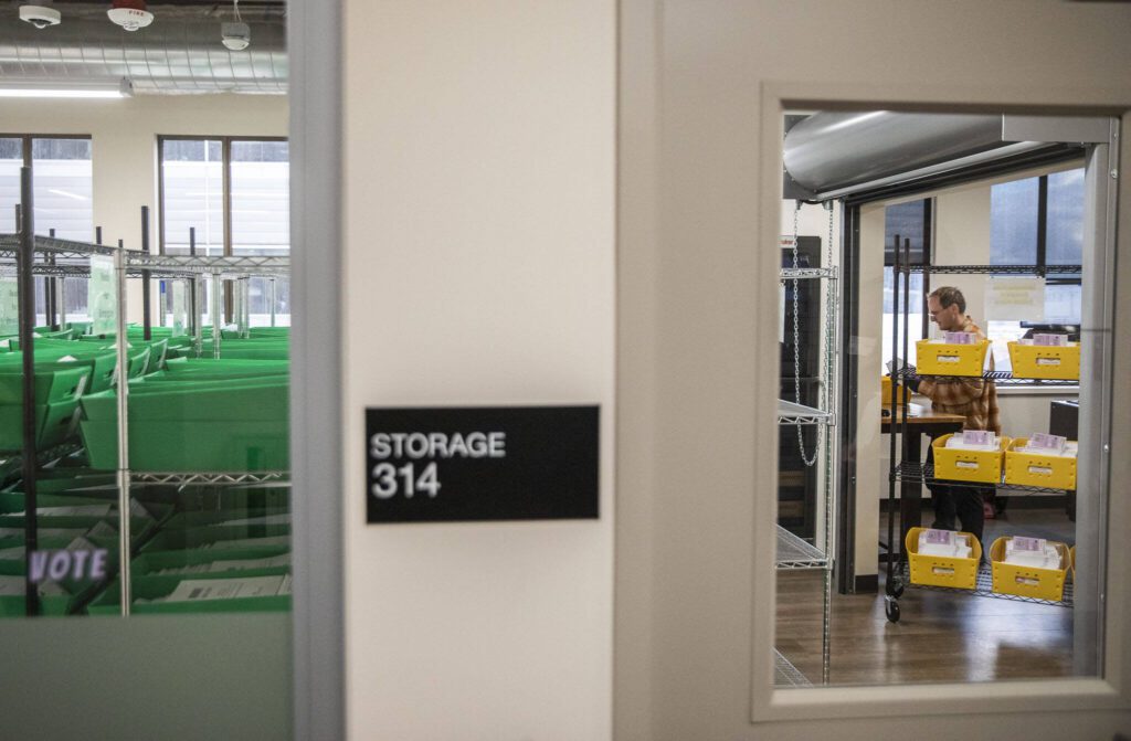 Ballots are sorted and placed in a secure storage room at Snohomish County Elections on Tuesday, Oct. 29, 2024 in Everett , Washington. (Olivia Vanni / The Herald)
