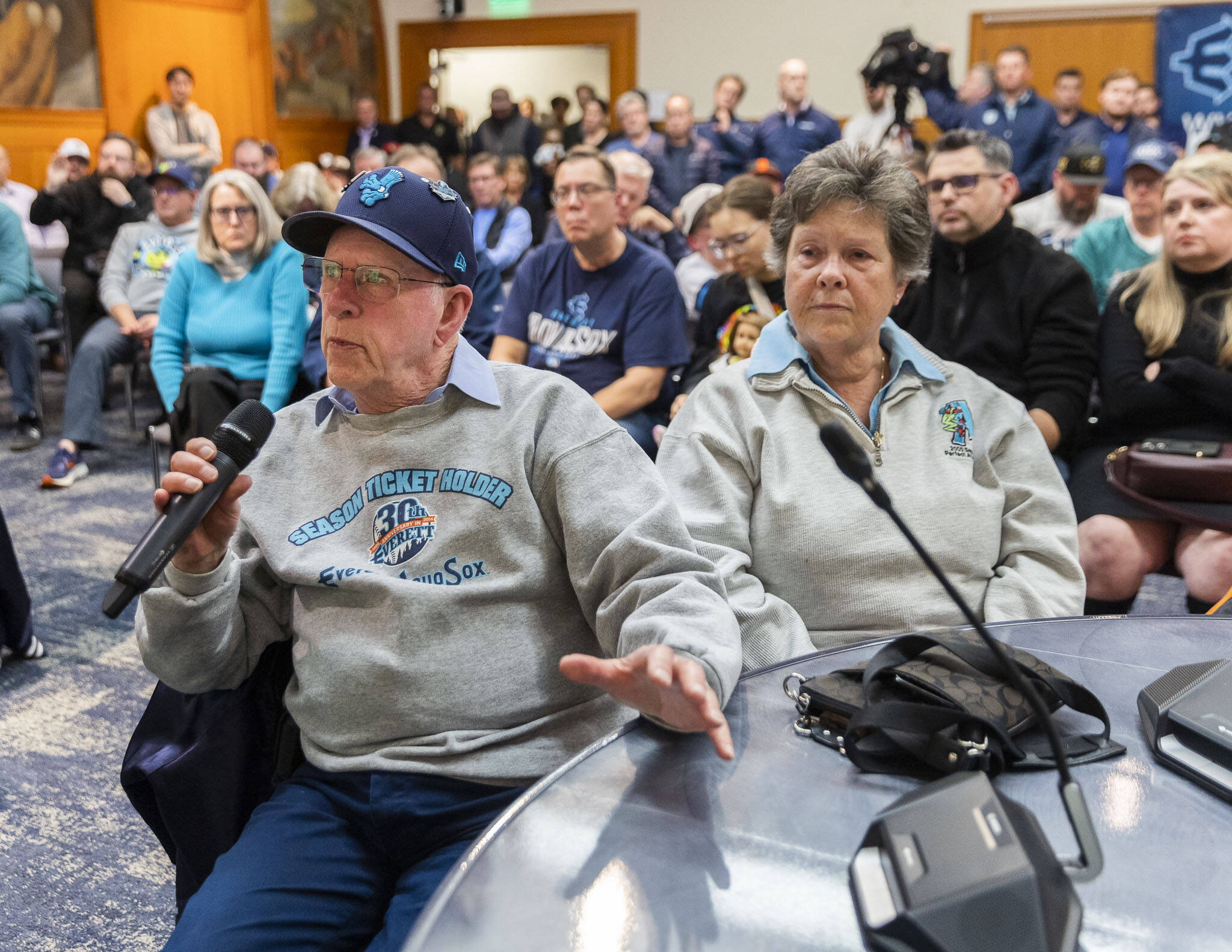 David Hope, an Everett AquaSox ticket holder since 1994, talks about the stadium proposal presented to the public during a community information session on Tuesday, Nov. 12, 2024 in Everett, Washington. (Olivia Vanni / The Herald)