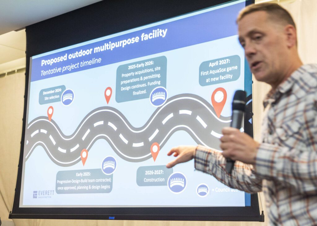 A timeline for the proposed stadium project is presented during a community information session on Tuesday, Nov. 12, 2024 in Everett, Washington. (Olivia Vanni / The Herald)
