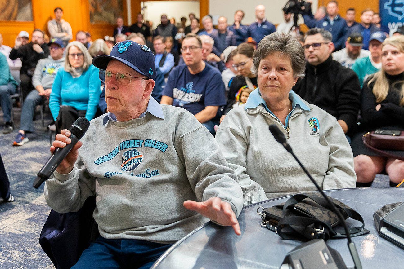 David Hope, a Everett AquaSox ticket holder since 1994, talks about the stadium proposal presented to the public during a community information session on Tuesday, Nov. 12, 2024 in Everett, Washington. (Olivia Vanni / The Herald)