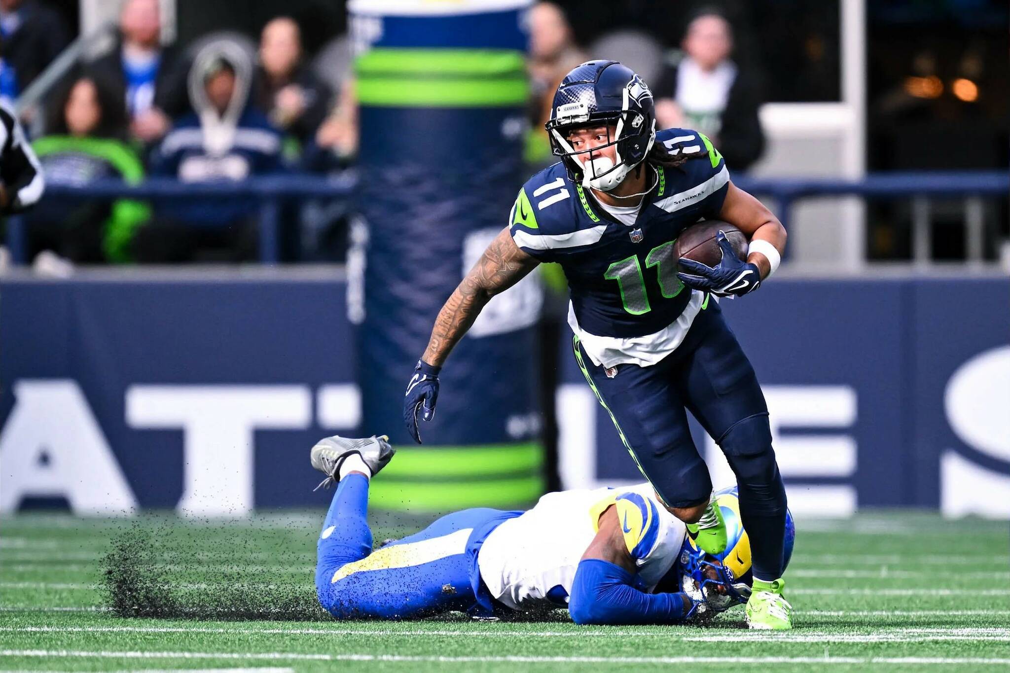 Seahawks receiver Jaxon Smith-Njigba (11), a bright spot in the Seattle’s 26-20 loss to the Rams, runs after a catch at Lumen Field on Sunday, Nov. 3, 2024. (Photo courtesy of the Seattle Seahawks)