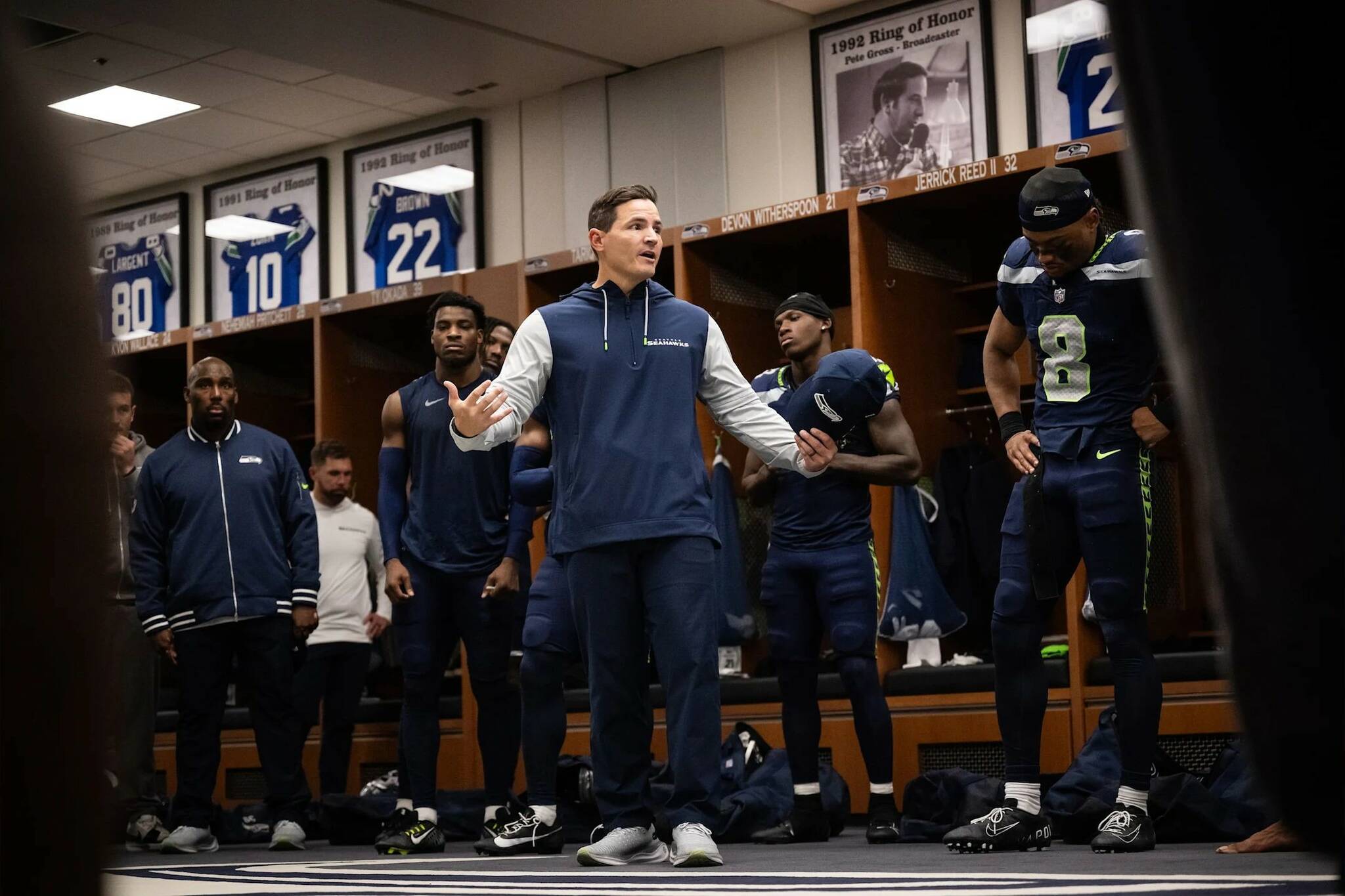 Seahawks coach Mike Macdonald addresses the team in the locker room at Lumen Field after a 26-20 loss to the Los Angeles Rams on Sunday, Nov. 3, 2024. (Photo courtesy of Rod Mar / Seattle Seahawks)