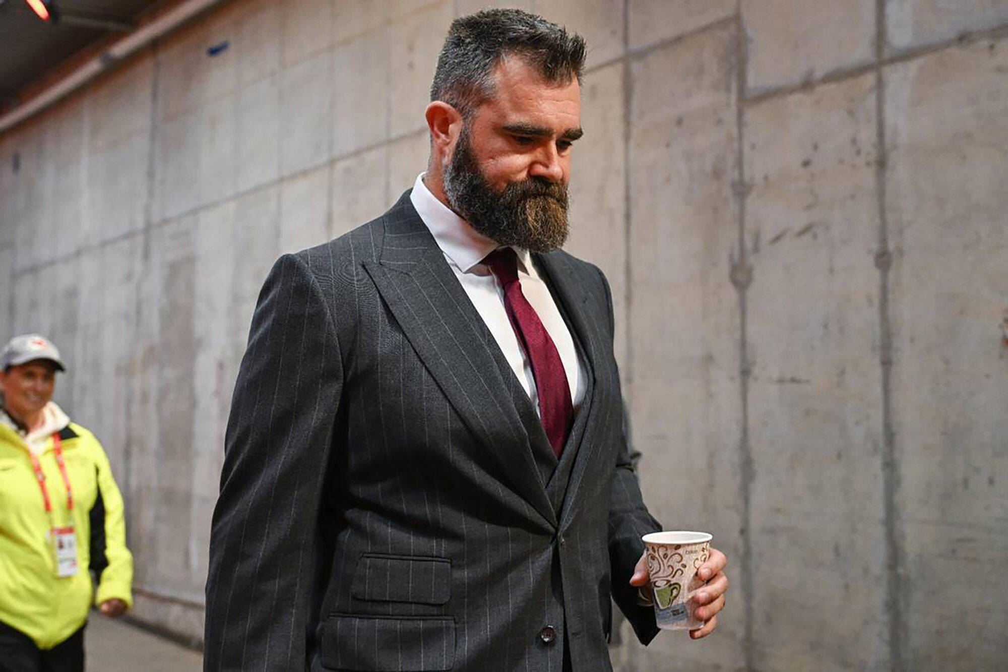 Jason Kelce, seen here arriving at GEHA Field at Arrowhead Stadium on Nov. 4, 2024, issued an apology on ESPN before the game for his viral encounter with an unruly college football fan over the weekend. (Emily Curiel / The Kansas City Star / Tribune News Services)